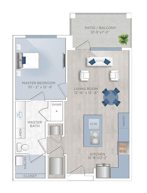 Floor plan for 1 bed, 1 bath, 664 sqft